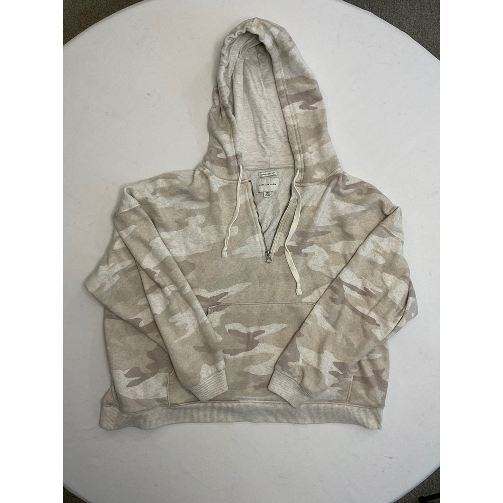 American Eagle Womens Camo Quarter Zip Hoodie Tan Cream Ahh-Mazingly Soft Medium